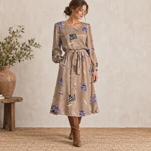 Vintage 80s Murray M Petites Abstract Print Belted Midi Dress M/L